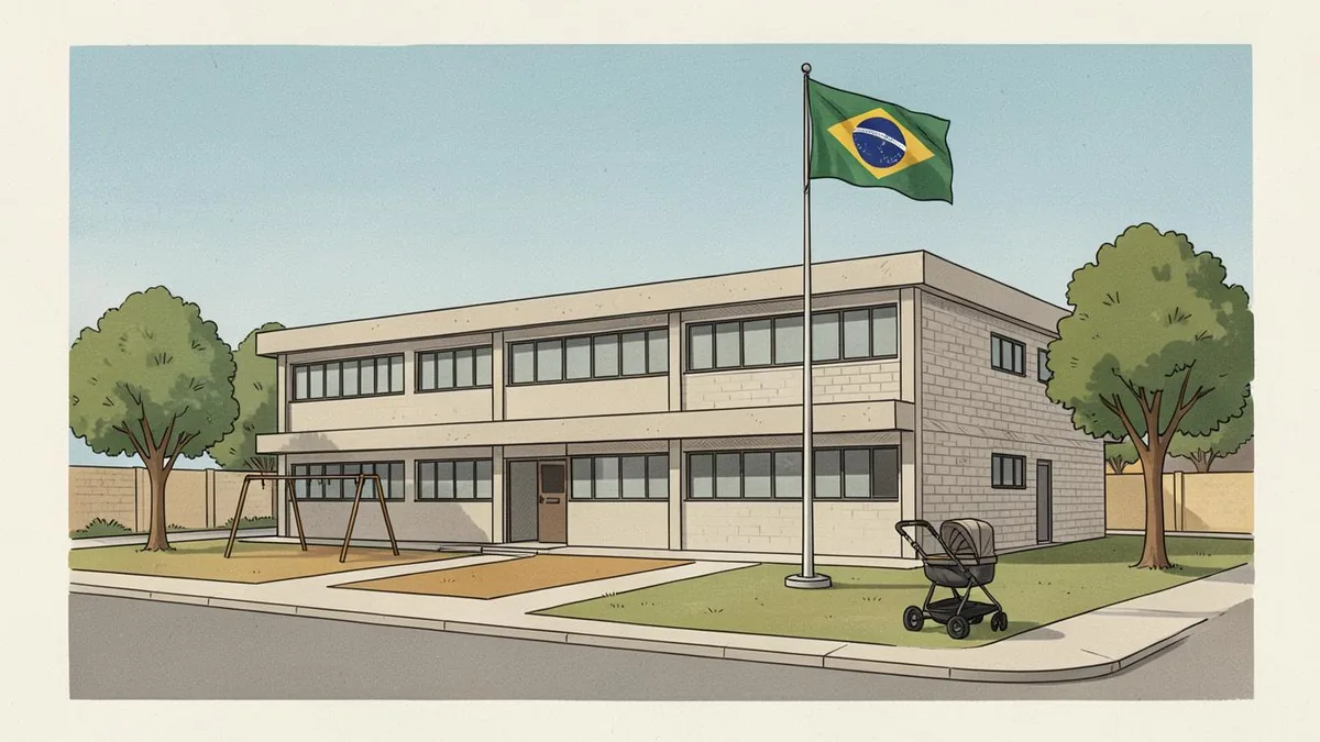 Ilustração editorial: escola municipal de educação infantil com berçário