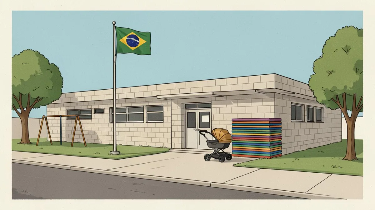 Ilustração editorial: escola municipal de educação infantil com berçário, período integral
