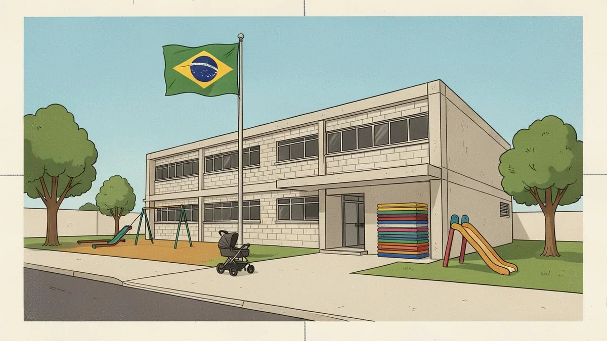 Ilustração editorial: escola municipal de educação infantil com berçário e pré-escola, período integral