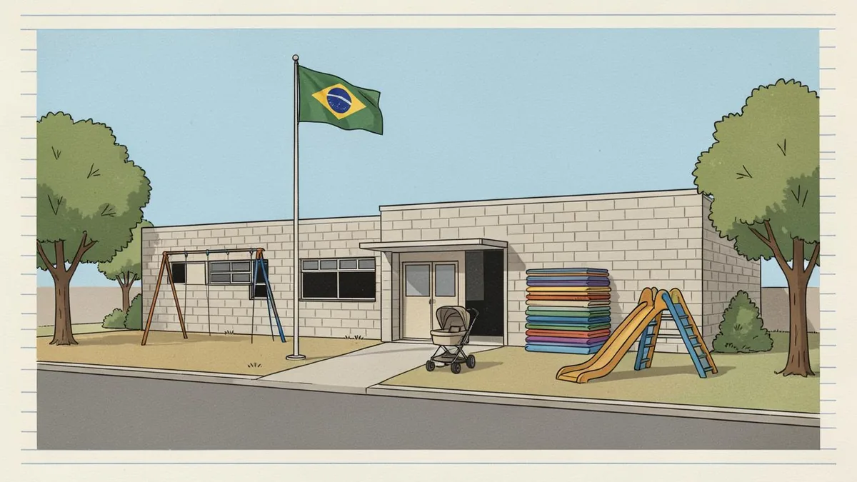 Ilustração editorial: escola municipal de educação infantil com berçário e pré-escola, período integral