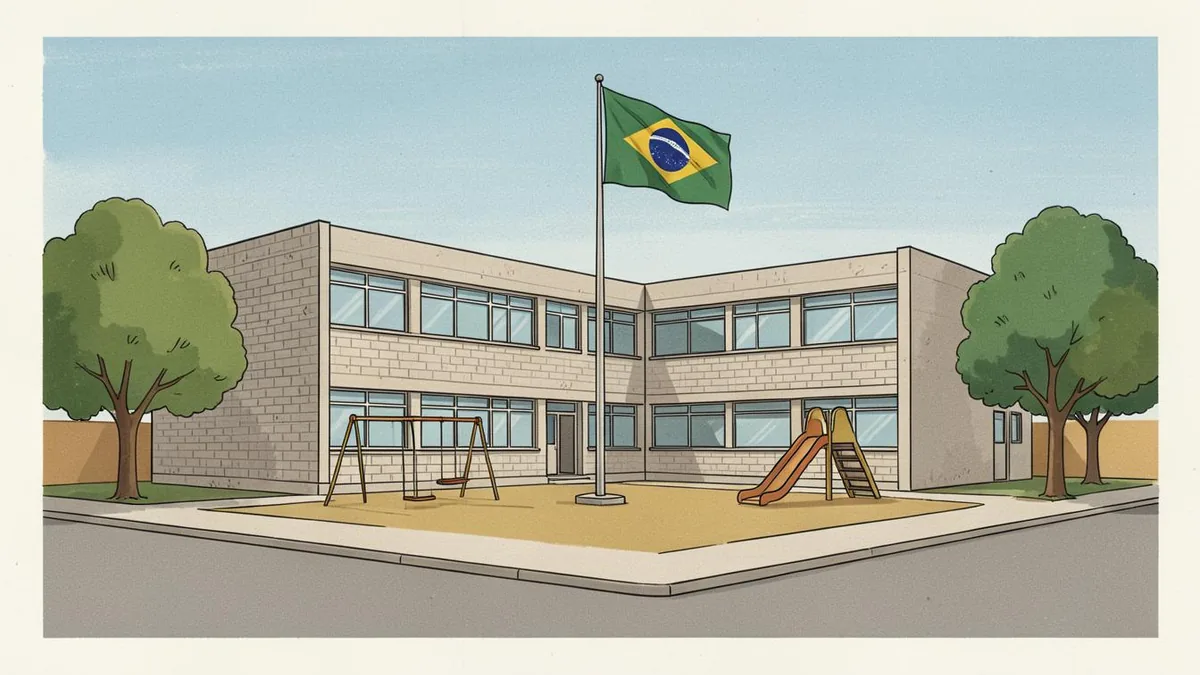 Ilustração editorial: escola municipal de educação infantil com pré-escola
