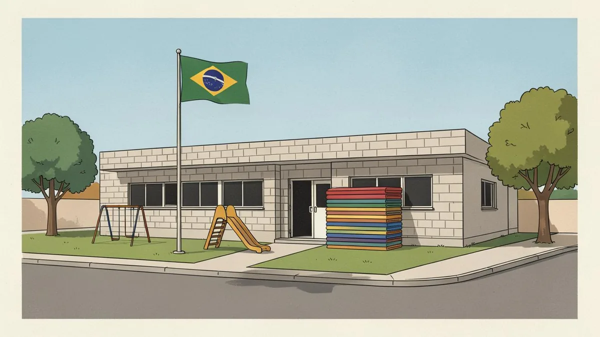 Ilustração editorial: escola municipal de educação infantil com pré-escola, período integral
